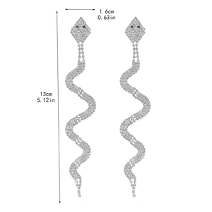 Detailed dimensions of silver snake tassel earrings with crystals on white background