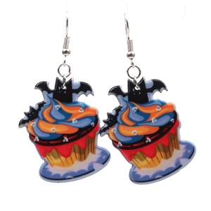 Detail of Halloween cupcake earrings with colorful base and black bat topping