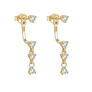 Detail view of 925 silver double-line drop earrings with cubic zirconia and gold finish