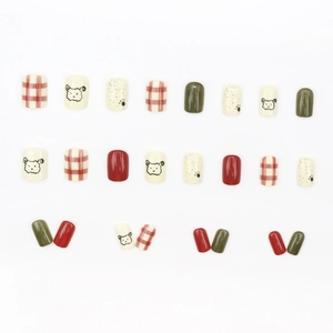 Short square press-on nails set with red checkerboard and cute cartoon sheep patterns