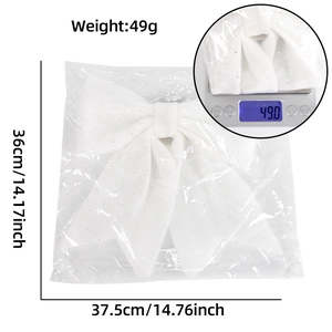 White glitter Christmas bow measurement and weight detail, 36x37.5cm and 49g spec