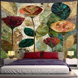 Detail of artistic mosaic style rose tapestry hung on wall above a cozy bedroom bed