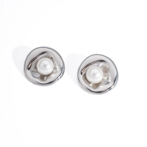 Irregular liquid silver metal stud earrings with oval pearls and water ripple texture