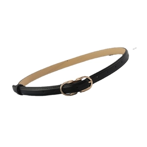 Minimalist black leather skinny belt for women with elegant golden metal buckle on white background