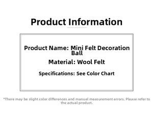Detailed text card showing specifications for mini wool felt balls and material information