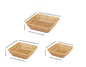Three sizes of faux rattan woven fruit baskets with dimensions in centimeters