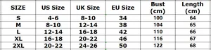 Größentabelle mit US, UK, EU Maßen für locker geschnittenes bedrucktes Freizeitshirt