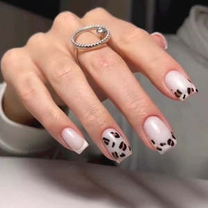 Aurora Leopard Print Press On Nails French Tip Glossy ABS Plastic Square False Nails For Women Fashion Manicure Decoration