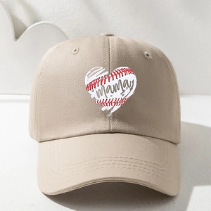 Detailed view of beige cotton baseball cap with Mama heart embroidery and reinforced stitching