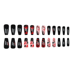 24pcs heart and rose press-on nails with black and red glossy coffin shape design