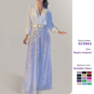 Damen Elegant Französisch Stil Zweiteiler V-Ausschnitt Langarm Hemd Und Hohe Taille Pailletten Weites Bein Hose Mit Gürtel