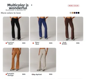 Detailed palette of high-waist flared yoga pants in black, blue, brown, orange and beige