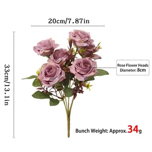Artificial light purple silk roses bouquet for home decor, height 33cm with 8cm flower heads