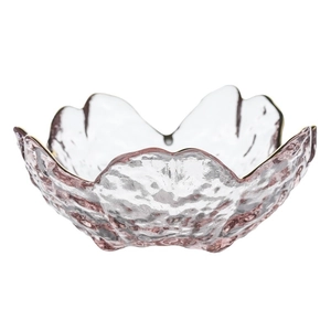 Pink cherry blossom glass sauce dish with hammered texture and gold-rimmed wave edge