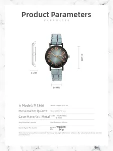 Detailed specs showing blue leather strap quartz watch with 33mm gradient dial