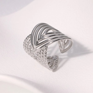 Retro asymmetric multi-layer hollow open ring in polished silver stainless steel