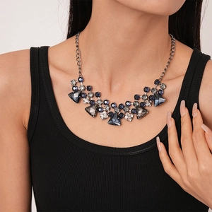 Exaggerated geometric necklace with dark blue crystals and gun black metal chain
