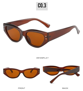 Three-way view of retro cat eye sunglasses with silver rivets and brown resin frames
