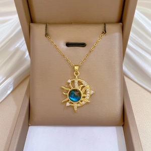 Sun Moon Pendant Necklace Titanium Stainless Steel Chain With Copper Rhinestone Blue Galaxy Stone For Women Elegant
