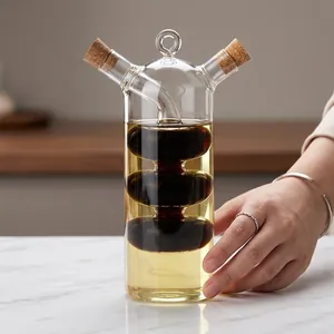 Glass Oil Vinegar Dispenser Bottle With Cork Stoppers Dual Chamber Double Layer Creative Spherical Inner For Kitchen Cooking