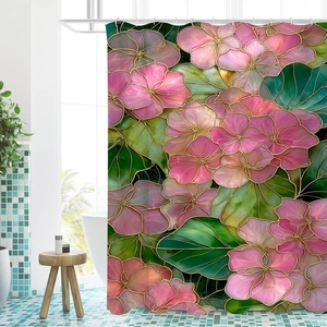 Detail of artistic floral shower curtain with stained glass pattern and pink flowers
