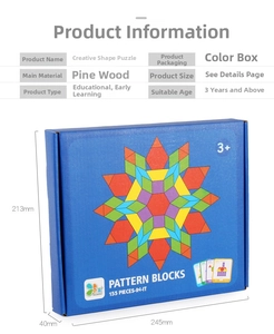 Detailed view of the colorful 155-piece wooden geometric pattern blocks in its blue box