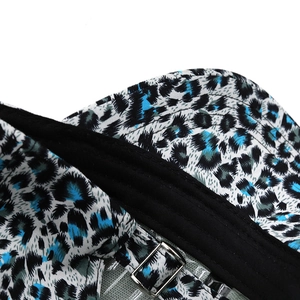 Close-up of leopard print baseball cap featuring metal buckle and stitching detail