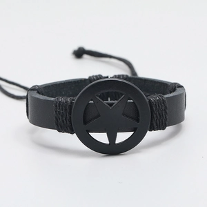 Black leather bracelet featuring a matte black pentagram charm and adjustable drawstring