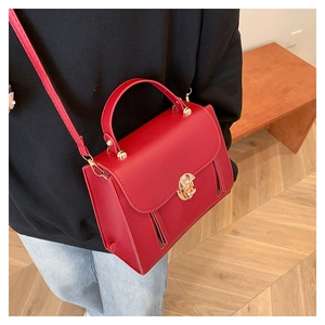 Detailed side view of a red leather crossbody bag with a gold clasp and zipper elements