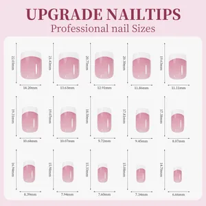 Size chart showing professional nude pink press-on nail dimensions from 22.03mm to 14.70mm
