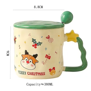 Creative 380ml Christmas ceramic mug with reindeer patterns and star-shaped lid handle