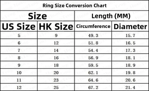 Detailed ring size chart showing US and HK sizes with inner diameter and circumference