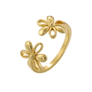 Detail of gold-plated open ring featuring a delicate dual flower motif and polished beads