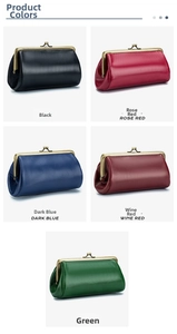 Close-up showing five vintage leather kiss-lock clutches in vibrant colors with gold metal frames
