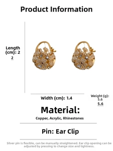 Detailed view of gold flower basket earrings with dimensions 2.0cm by 1.4cm and weight