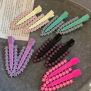 Pince à Cheveux Bec de Canard Étoile Couleur Bonbon Barrette Latérale Géométrique Sans Trace en Métal pour Femmes Filles