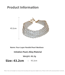 Detailed view showing dimensions of a four-layer stacked pearl necklace with alloy clasp