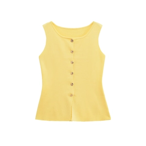 Detailed view of yellow ribbed knit vest with gold-tone metal buttons decoration