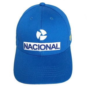Blue NACIONAL letter embroidery baseball cap with yellow racing signature on cotton twill