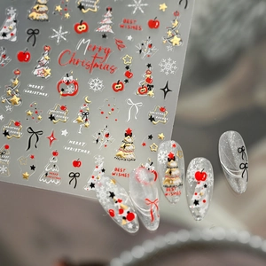 Autocollants ongles Noël avec pommes rouges, sapins et motifs nœuds scintillants