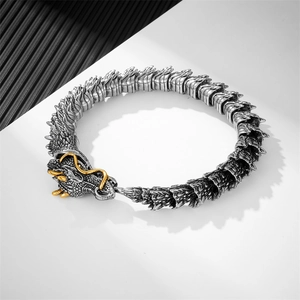 Handcrafted vintage dragon head bracelet in antique silver and gold dual-tone finish