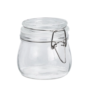 Clear glass storage jar with airtight metal hinge lid and silicone seal on white background