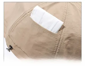 Detail shot of a beige sun hat featuring a convenient side pocket for mask storage