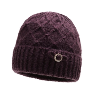 Thick dark purple knit hat for elderly women with fleece lining and diamond buckle