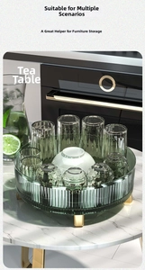 Detail showing deep green acrylic rotating storage tray with gold legs and embossed texture