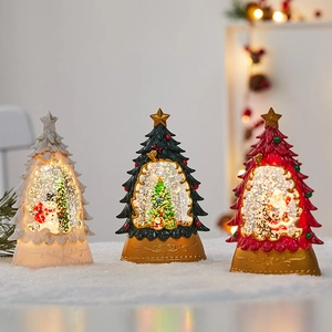 Christmas Tree Shaped LED Snow Globe Lamp Water Filled Sparkling Glitter Retro Small Lantern Desktop Holiday Party Decoration