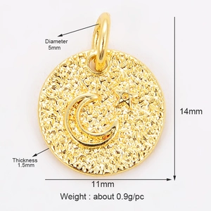 Golden sun and moon pendant for jewelry making with precise measurements on white background