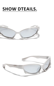 Front and 45-degree side view of silver Y2K futuristic sporty cat-eye sunglasses
