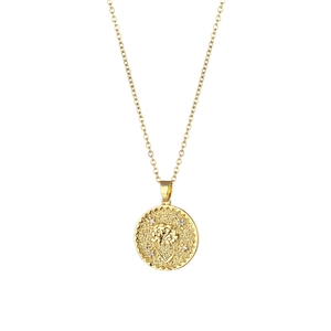 Golden stainless steel necklace with a round rose flower pendant and tiny zircon stones