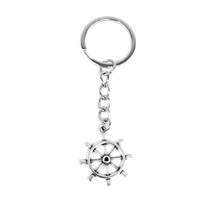 Vintage silver nautical helm keychain with steering wheel pendant for car and bag